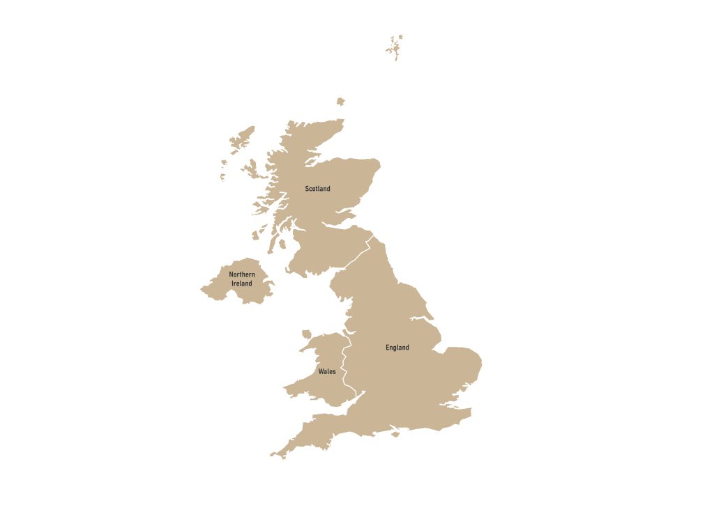 Labeled map of the United Kingdom showing it's constituent countries
