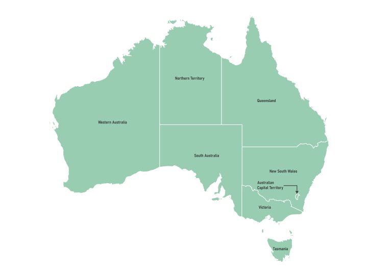 Labeled map of Australia showing states and territories