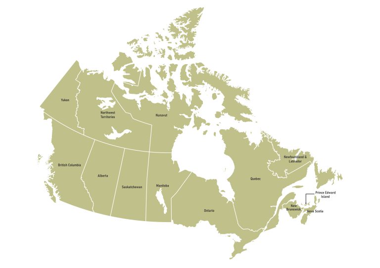 Labeled map of Canada showing provinces and territories