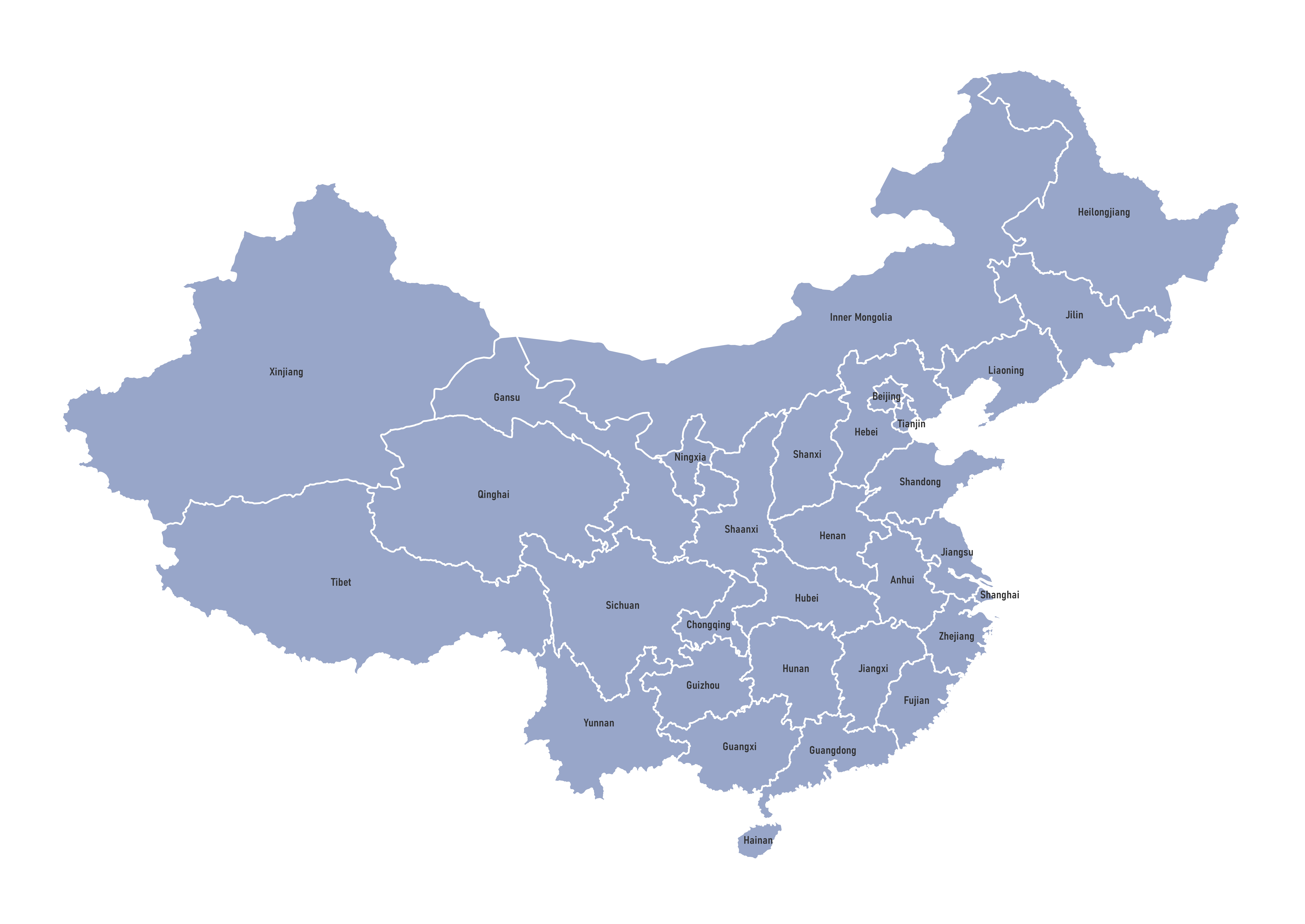 Labeled map of China showing provinces, autonomous regions, and municipalities
