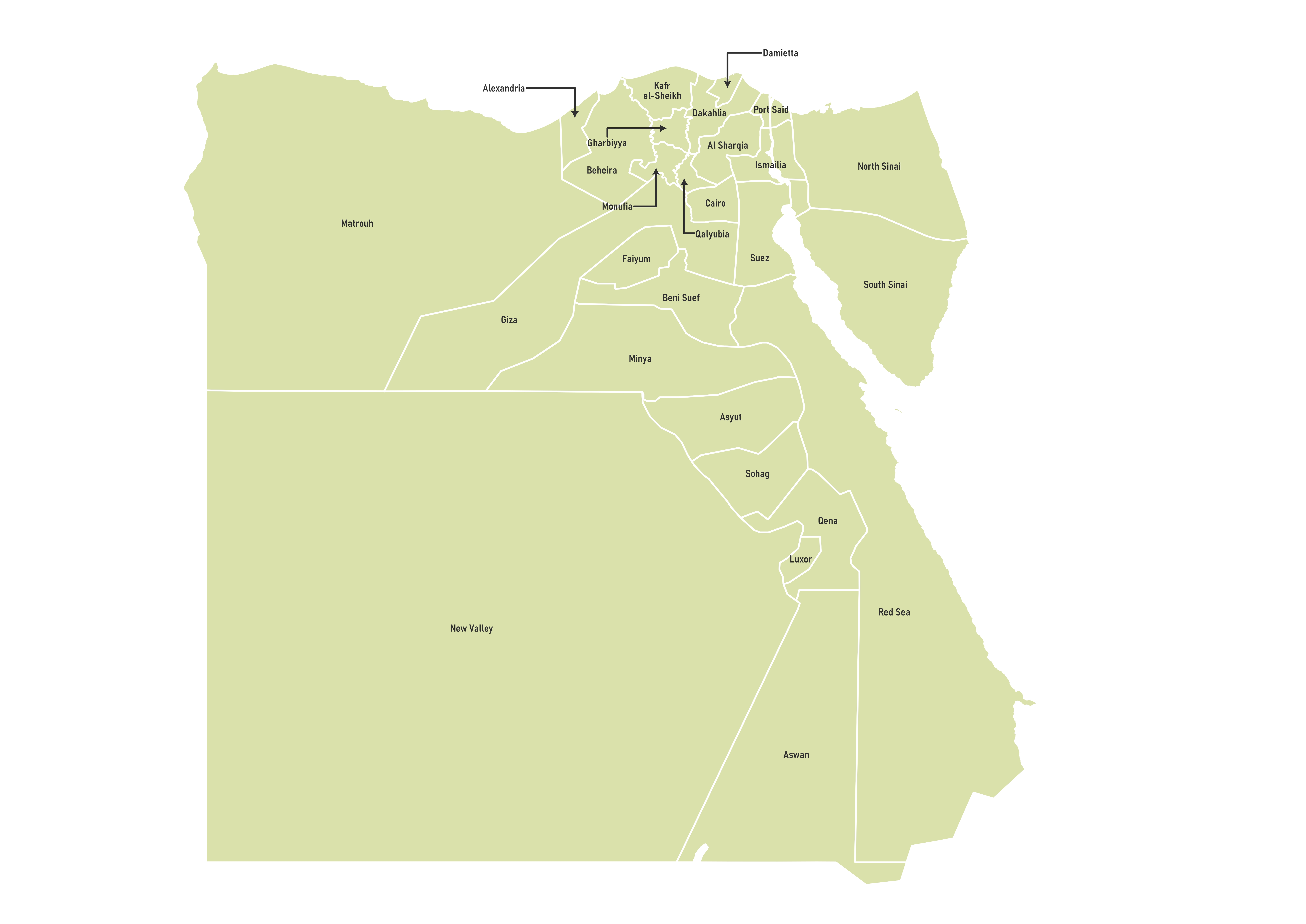 Labeled map of Egypt showing governorates