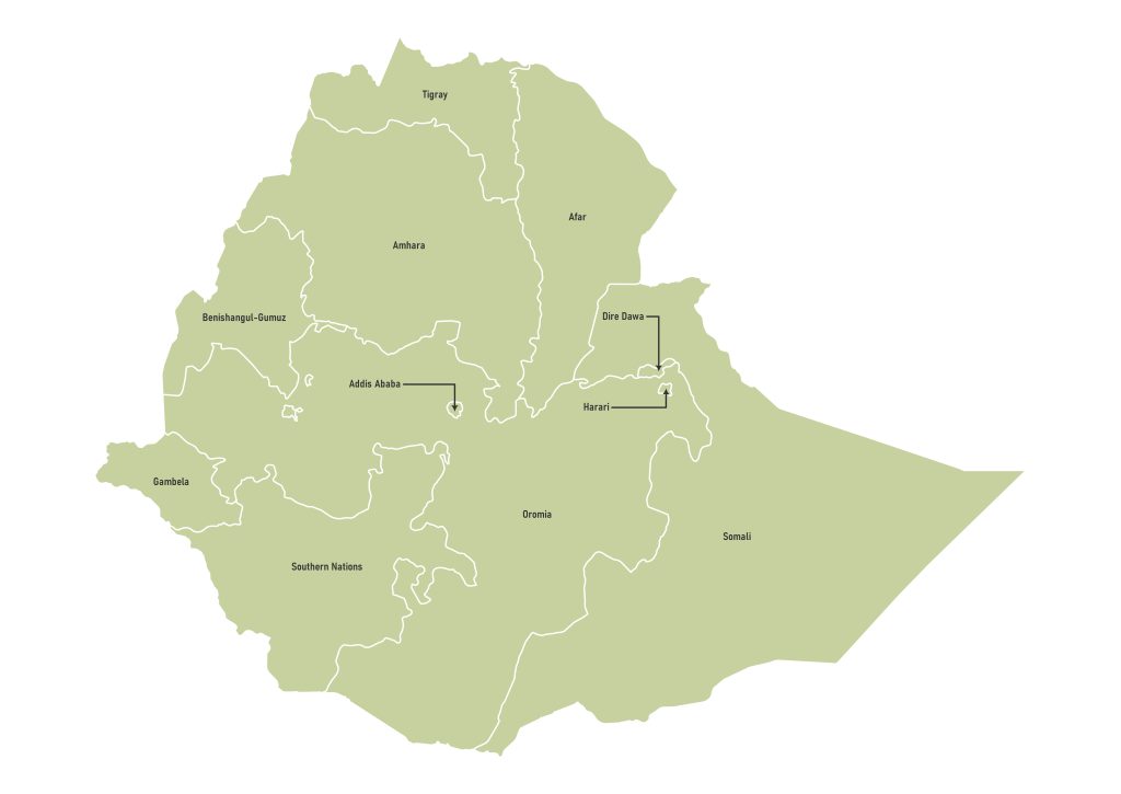 Labeled map of Ethiopia showing states