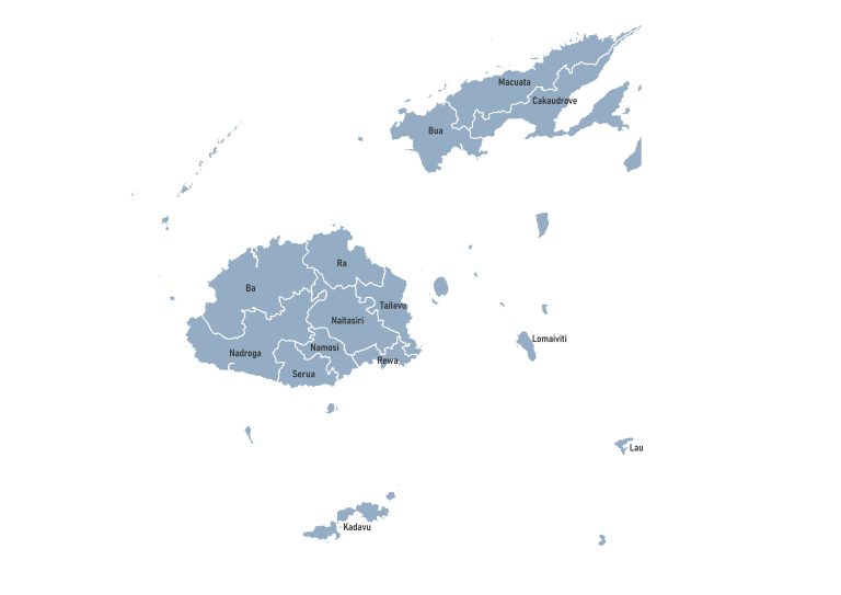 Labeled map of Fiji showing provinces/Yasana