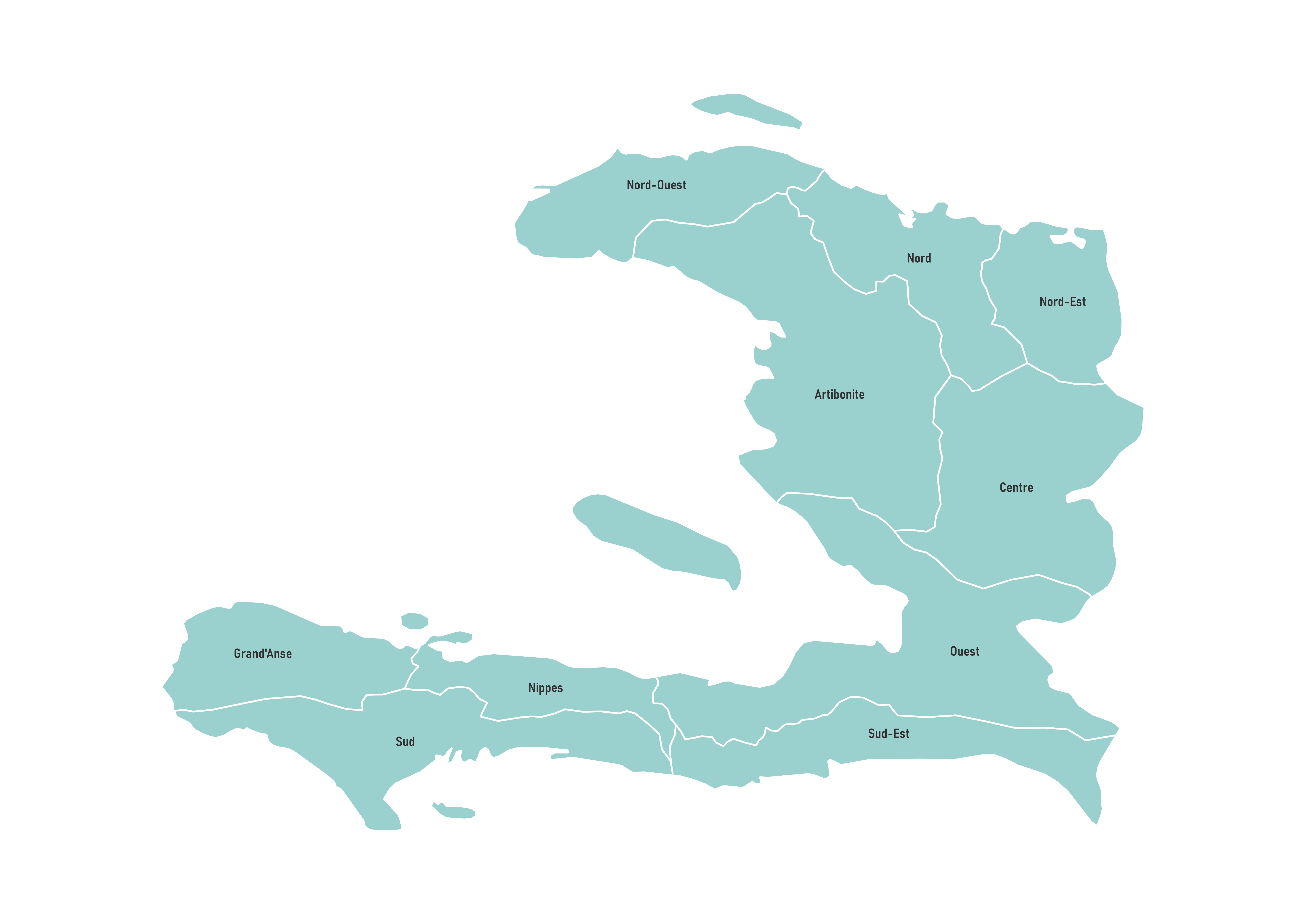 Labeled map of Haiti showing the 10 departments