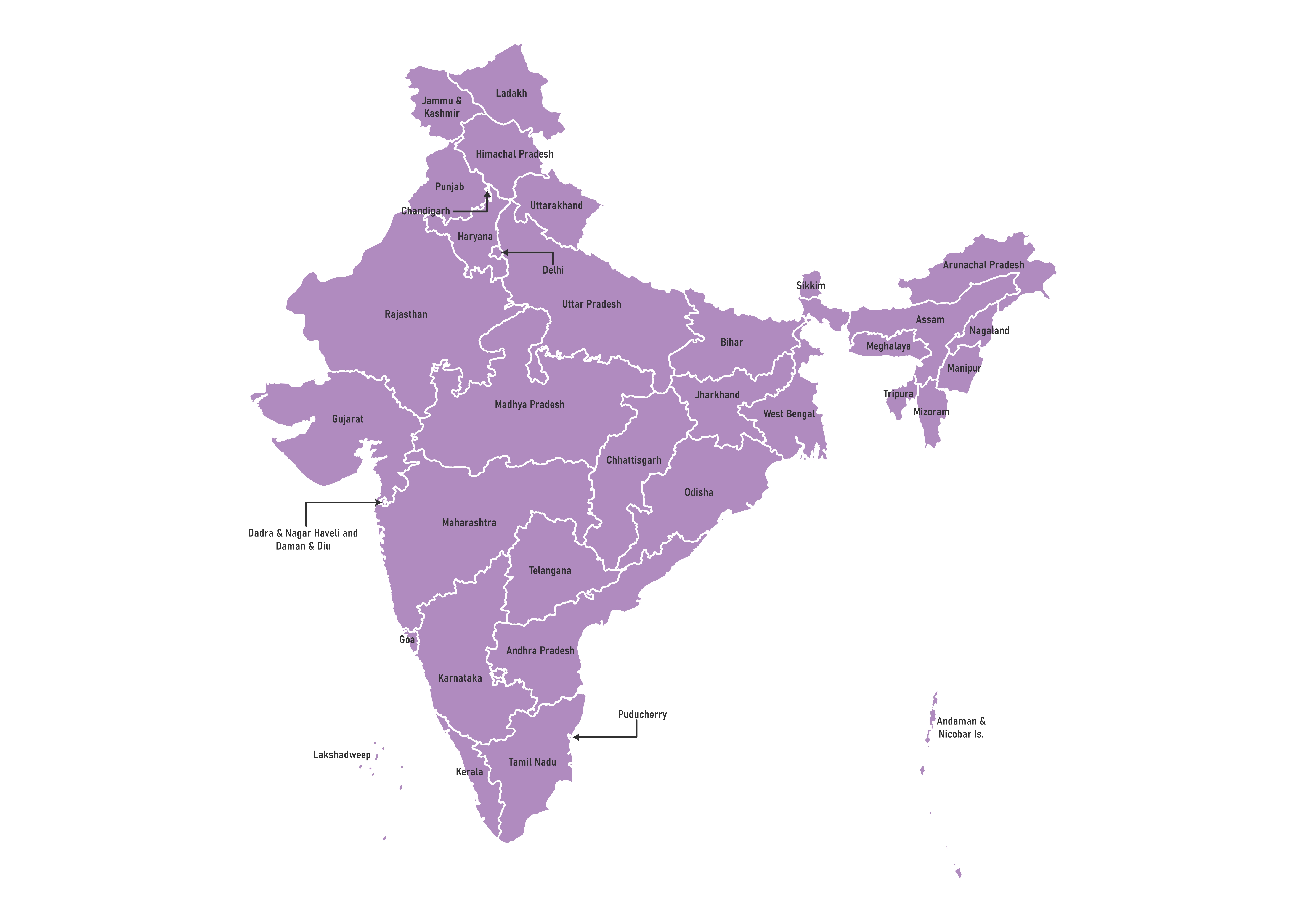 Labeled map of India showing states and union territories