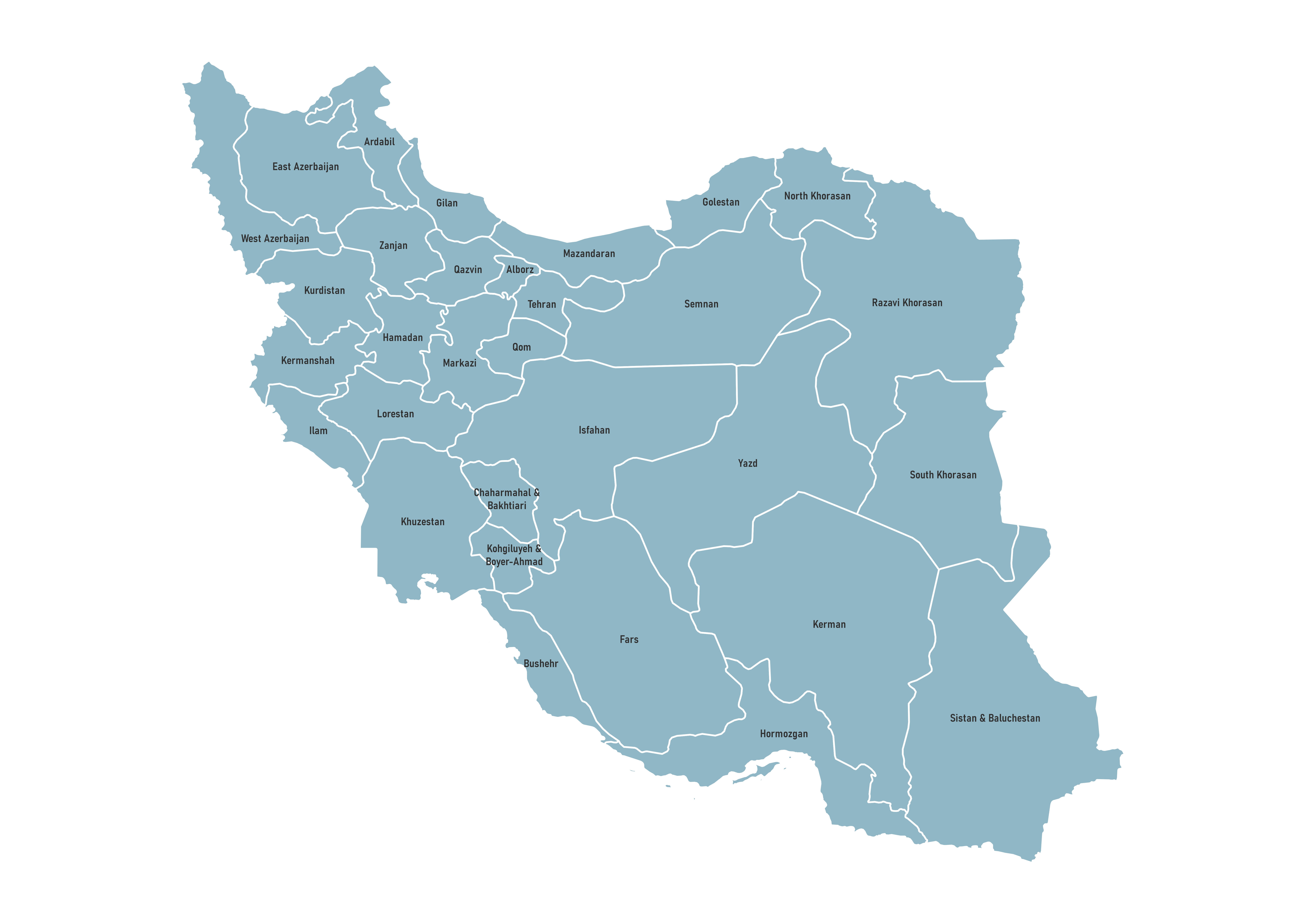 Labeled map of Iran showing provinces/ostanha