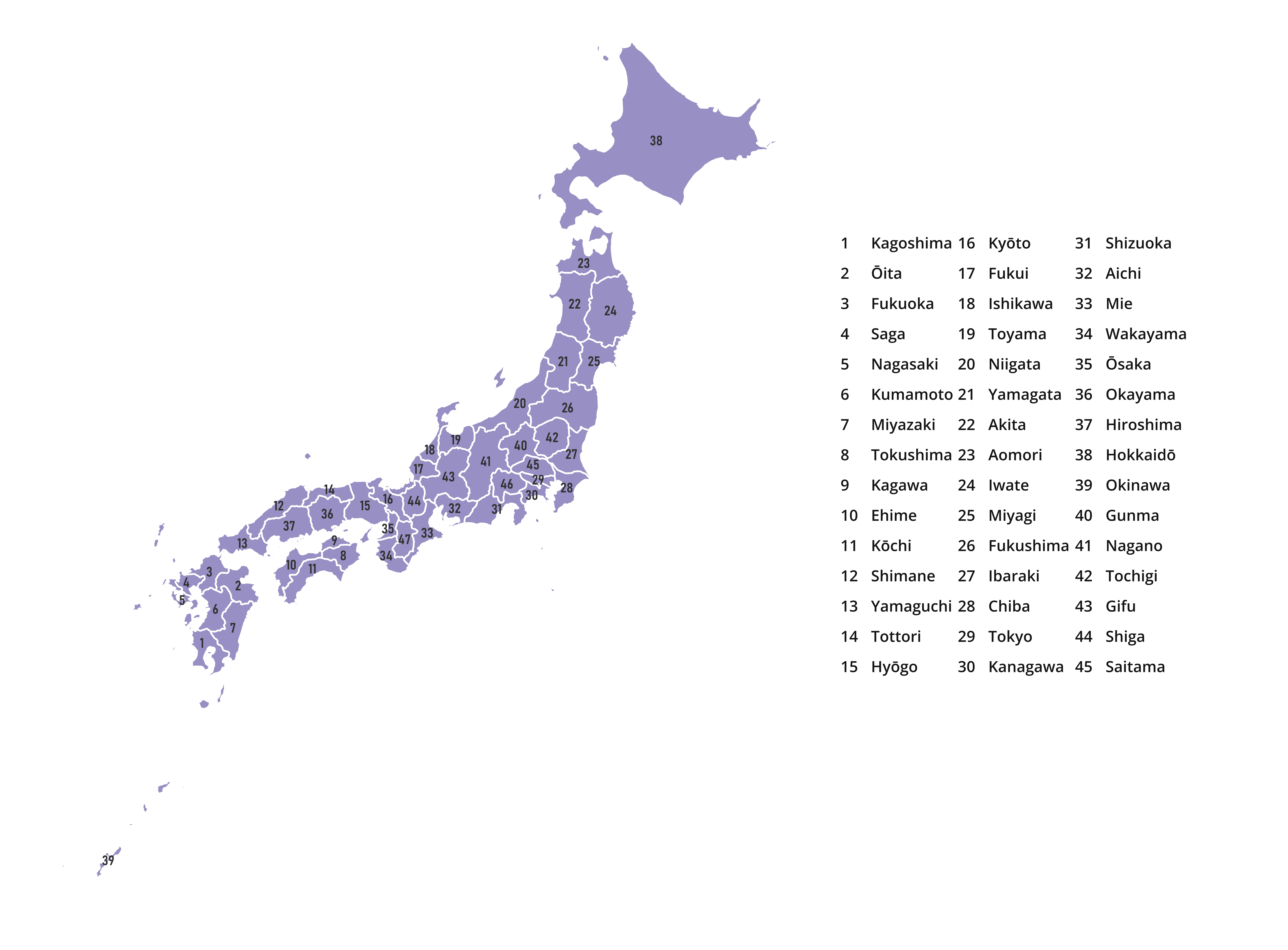 Labeled map of Japan showing the 47 prefectures/Todōfuken