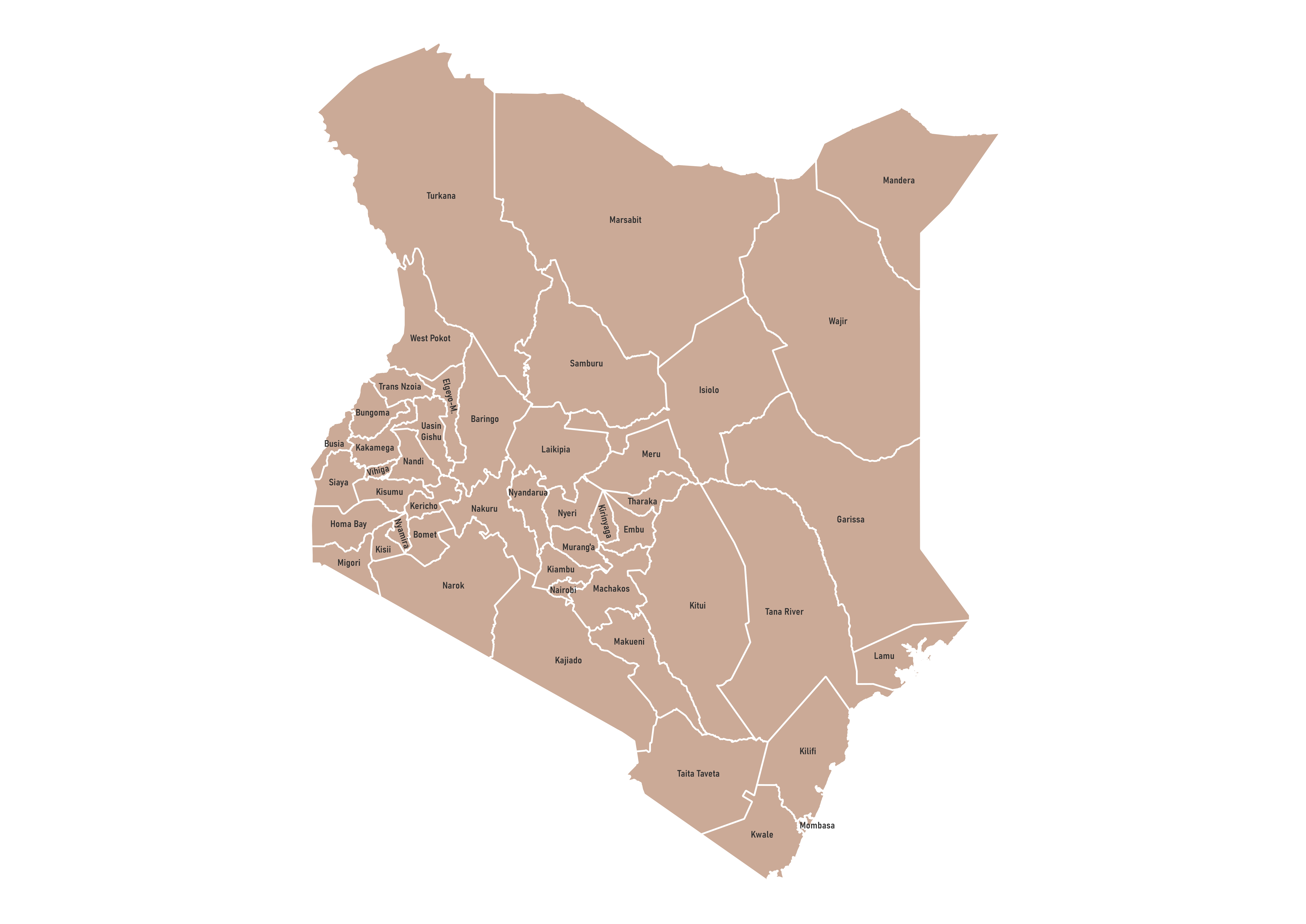 Labeled map of Kenya showing the 47 counties