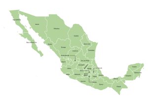 Labeled map of Mexico showing states and federal district