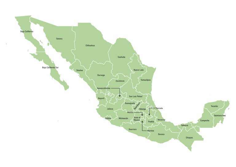 Labeled map of Mexico showing states and federal district