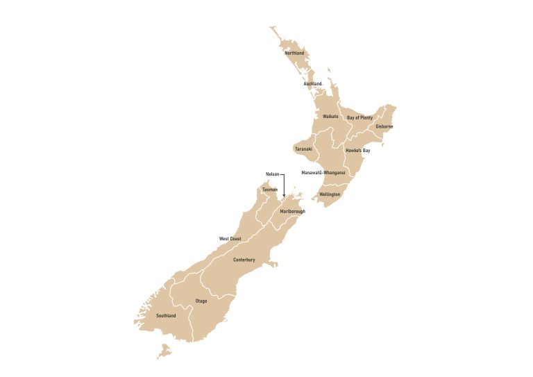 Labeled map of New Zealand showing regional councils and unitary authorities