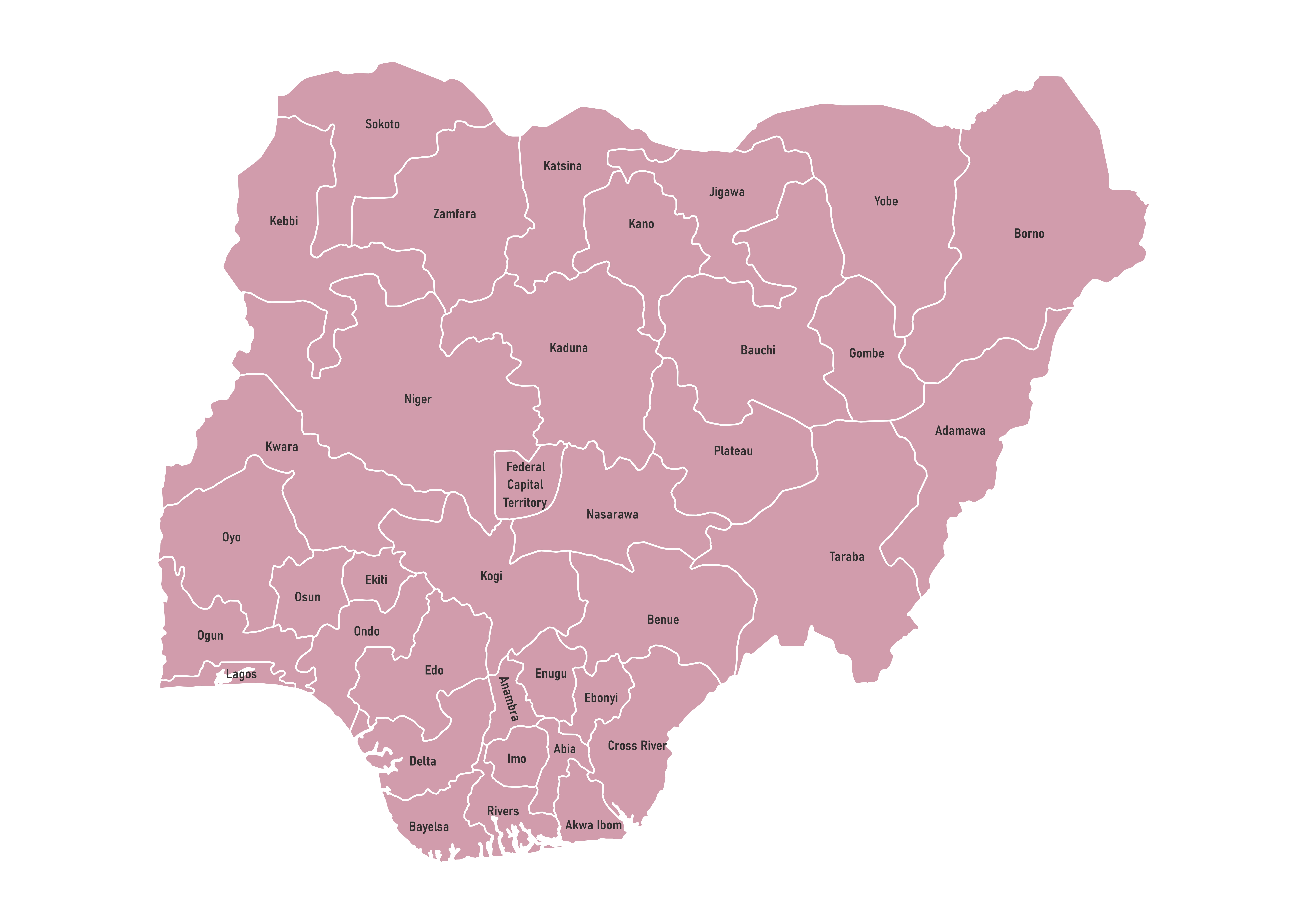 Labeled map of Nigeria showing states and the federal capital territory