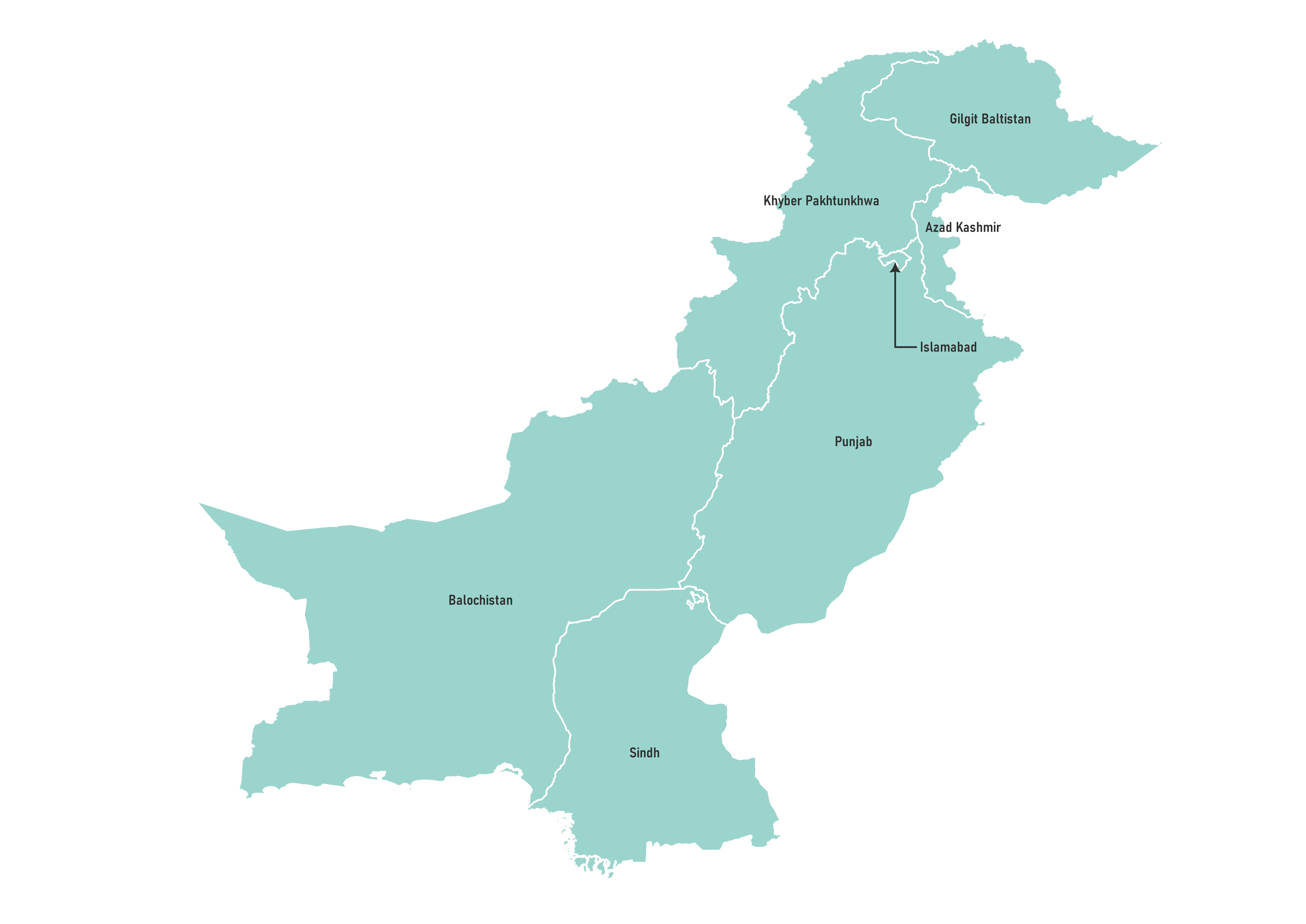 Labeled map of Pakistan showing provinces, autonomous territories, and the federal capital territory