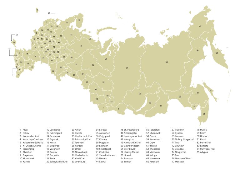 Labeled map of Russia showing oblasts, republics, krais, autonomous okrugs, and federal cities