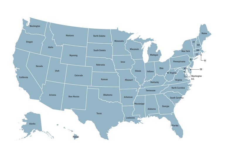 Labeled map of USA showing the 50 states and the District of Colombia