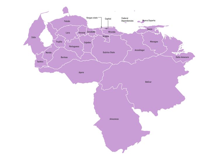 Labeled map of Venezuela showing states, capital district, and the federal dependencies