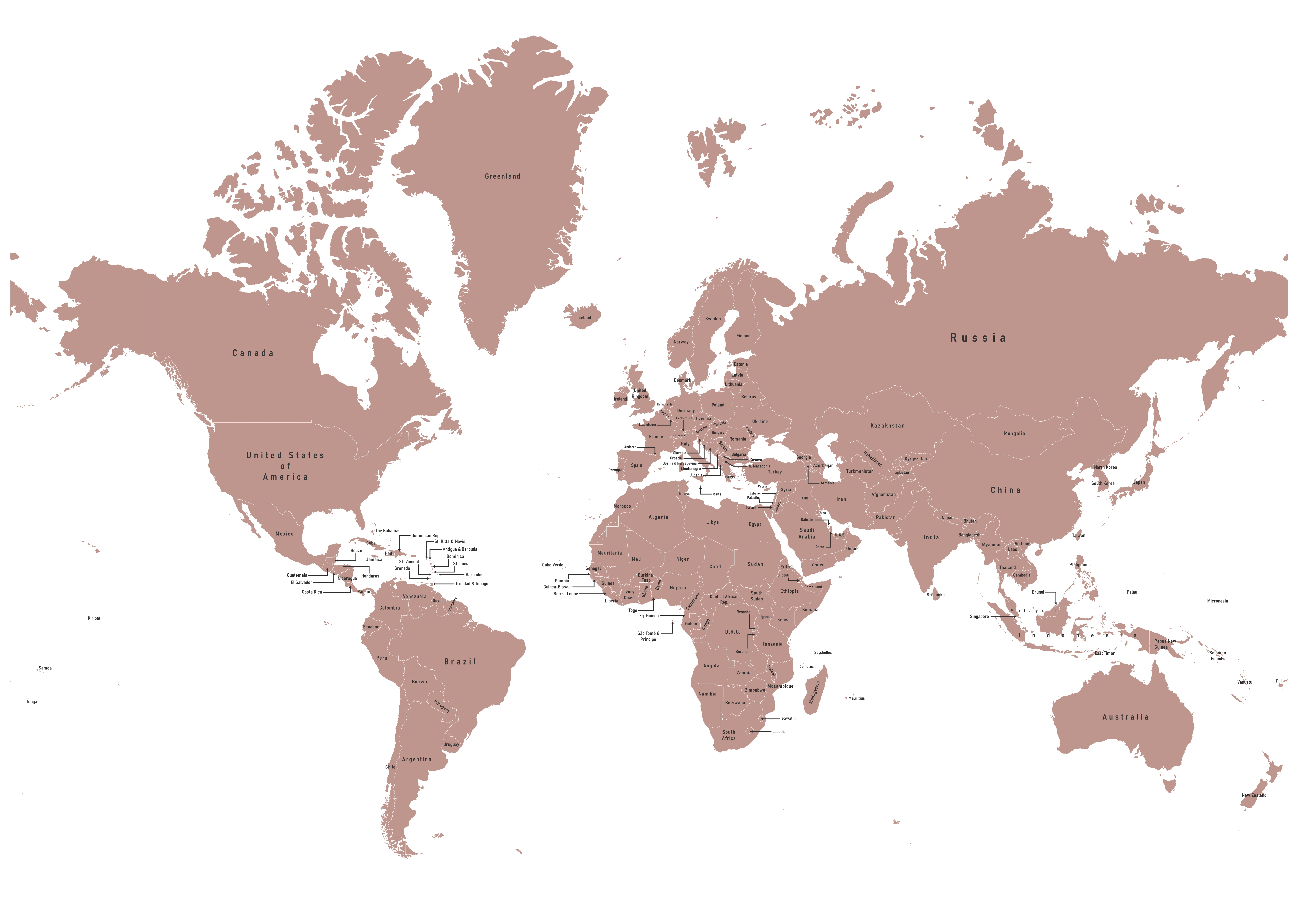 Labeled map of the world showing countries