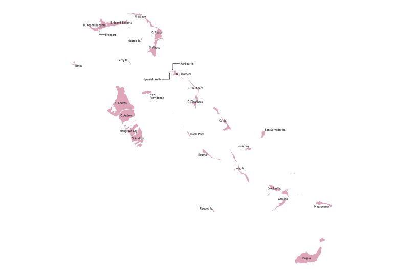 Labeled map of The Bahamas showing districts and the island capital of New Providence
