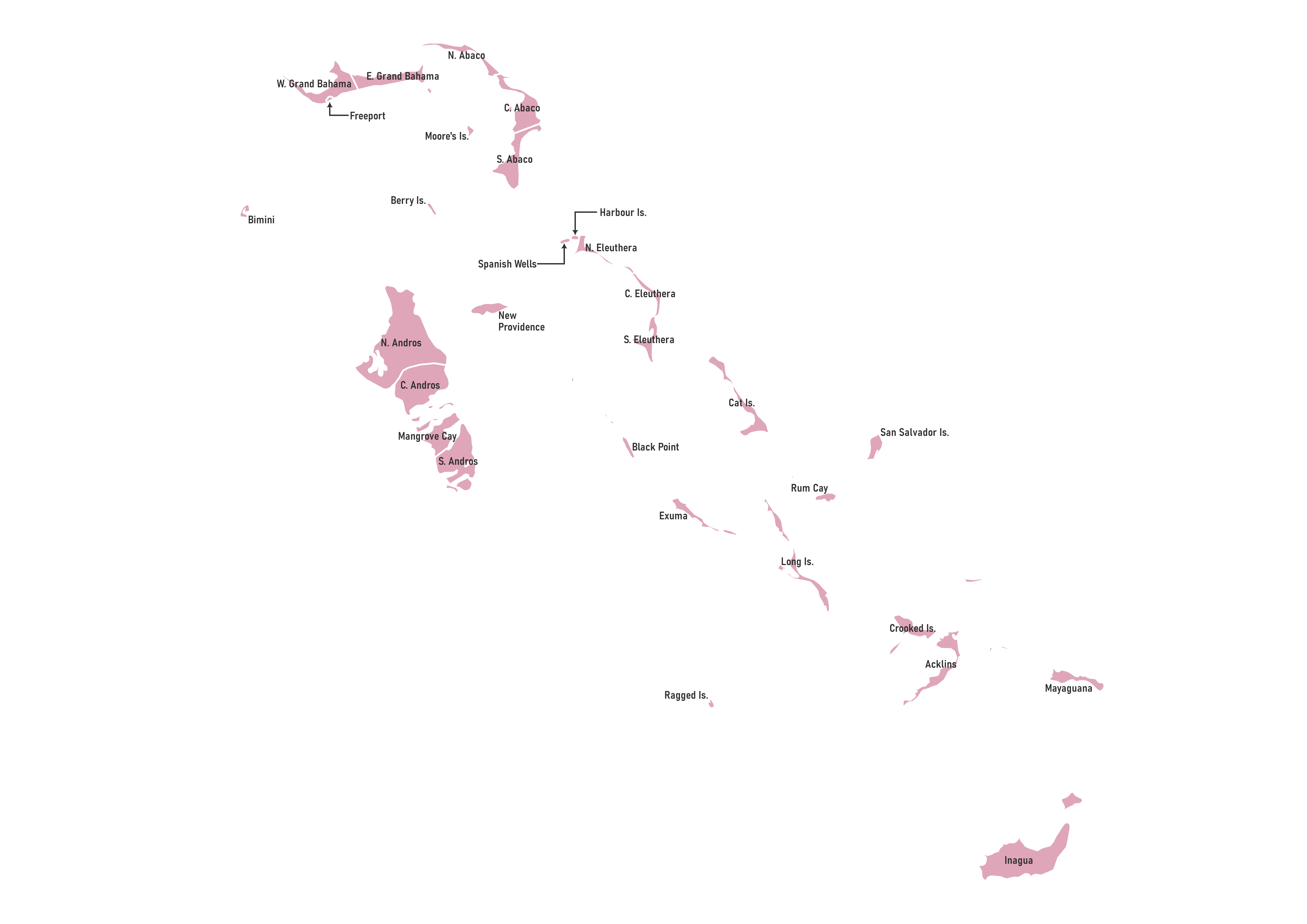 Labeled map of The Bahamas showing districts and the island capital of New Providence