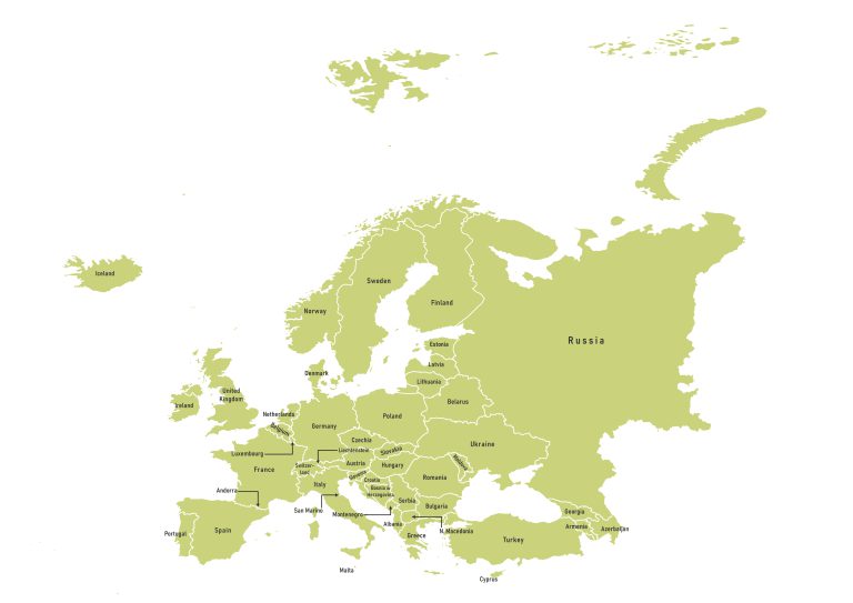 Labeled map of the Europe continent showing countries