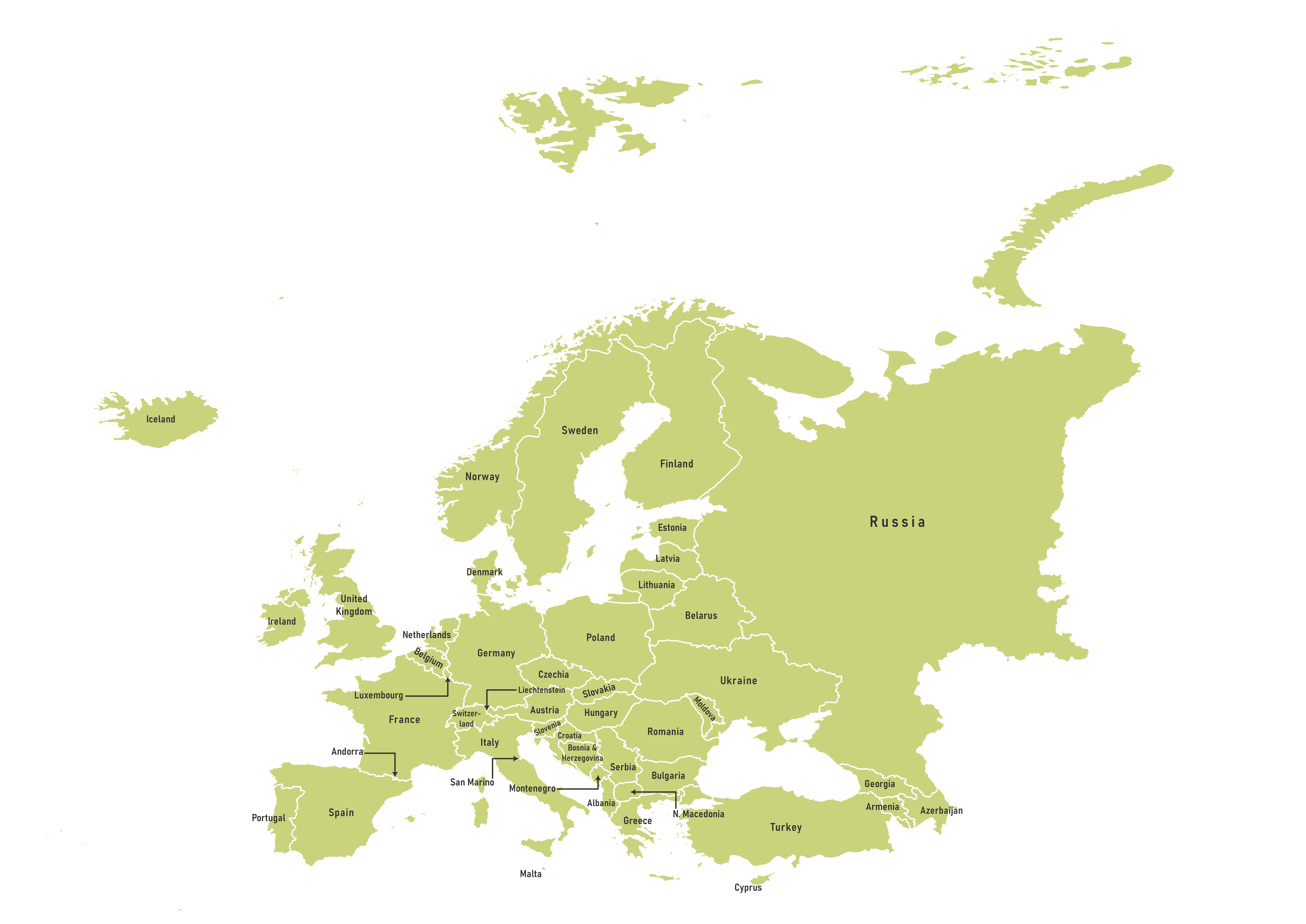 Labeled map of the Europe continent showing countries
