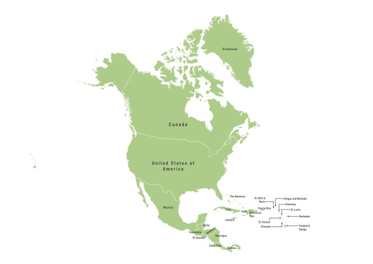 Labeled map of the North American continent showing countries