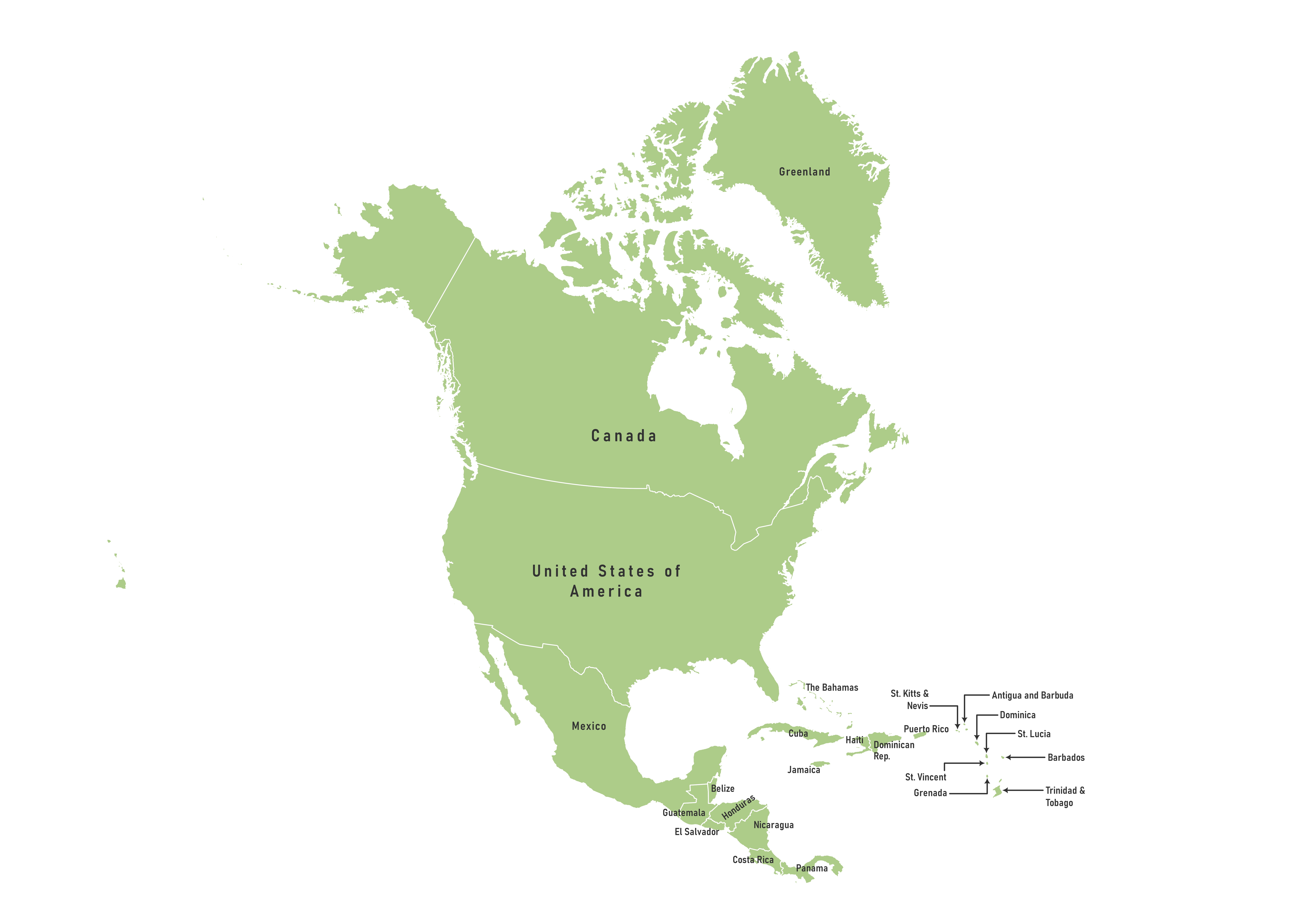 Labeled map of the North American continent showing countries