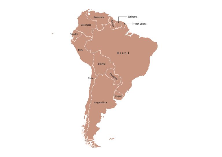 Labeled map of South America continent showing countries