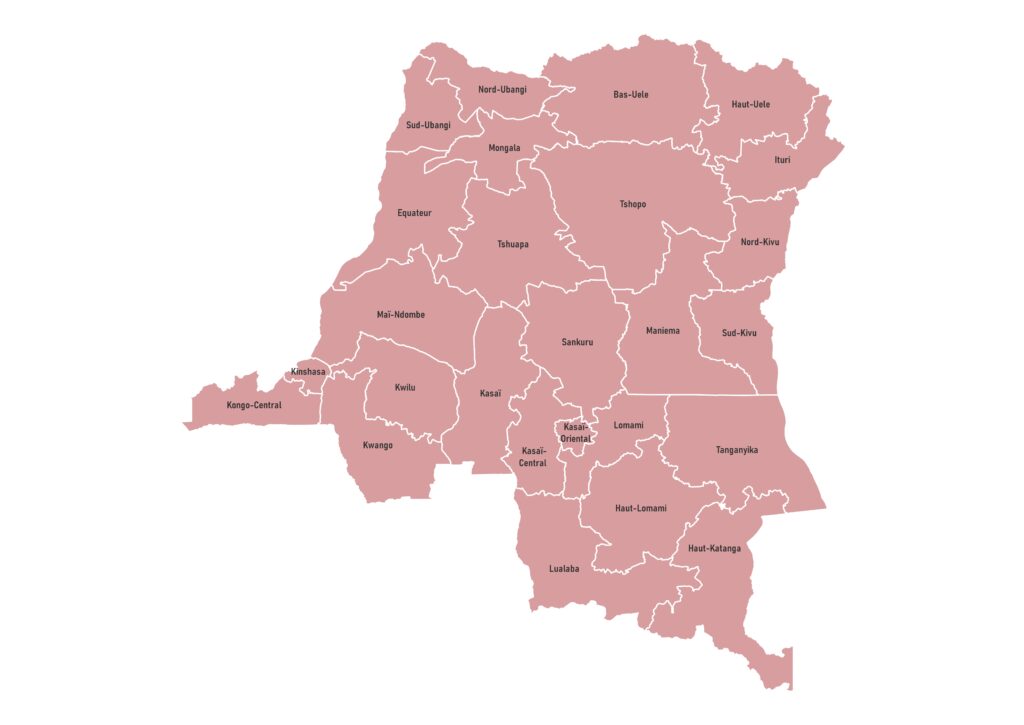 Labeled map of the Democratic Republic of the Congo showing provinces and the capital, Kinshasa