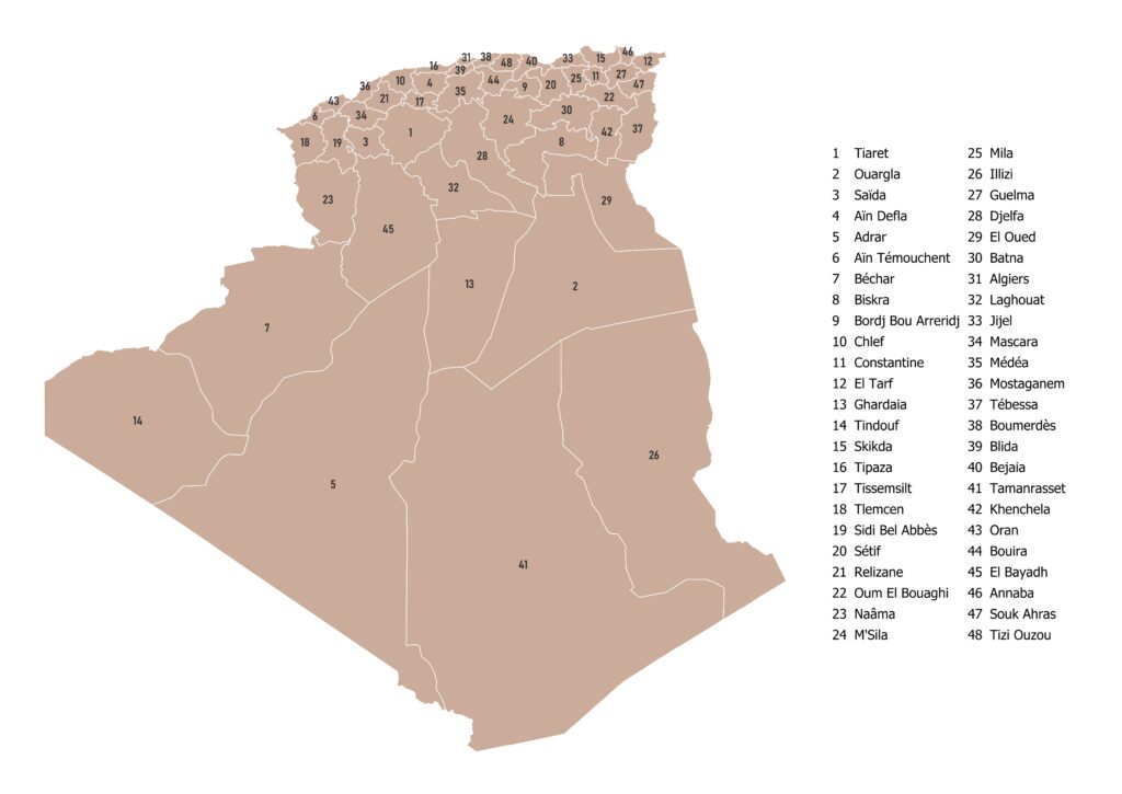 Labeled Algeria map showing provinces/wilayas