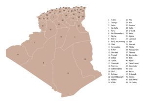 Labeled Algeria map showing provinces/wilayas