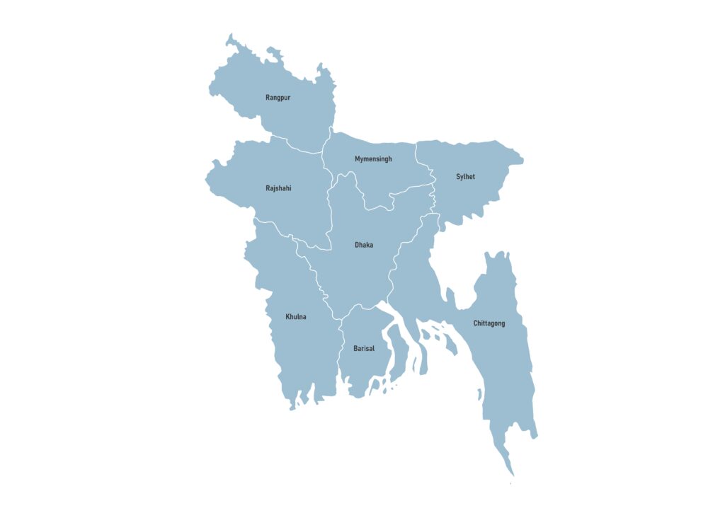 Labeled map of Bangladesh showing Divisions/Bibhag