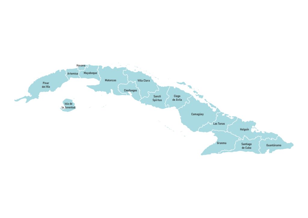 Labeled map of Cuba showing provinces and special municipality
