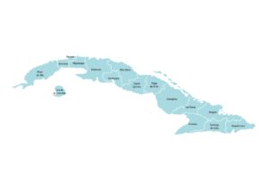 Labeled map of Cuba showing provinces and special municipality