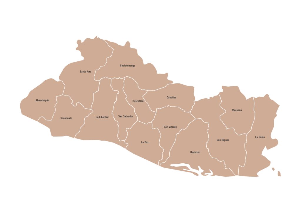 Labeled map of El Salvador showing departments