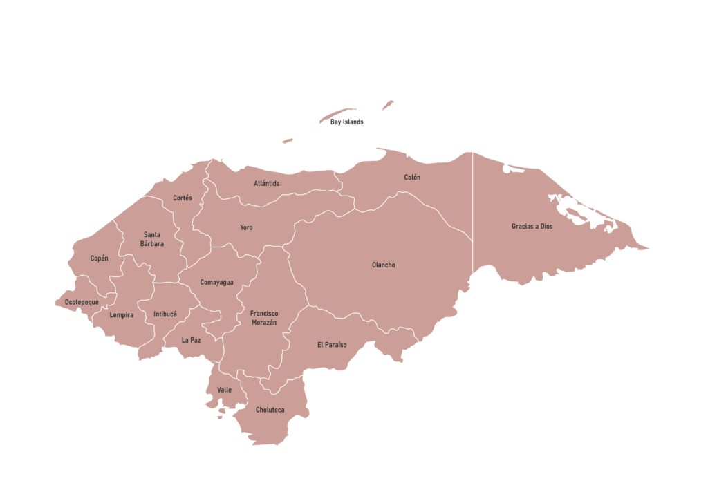 Labeled map of Honduras showing departments