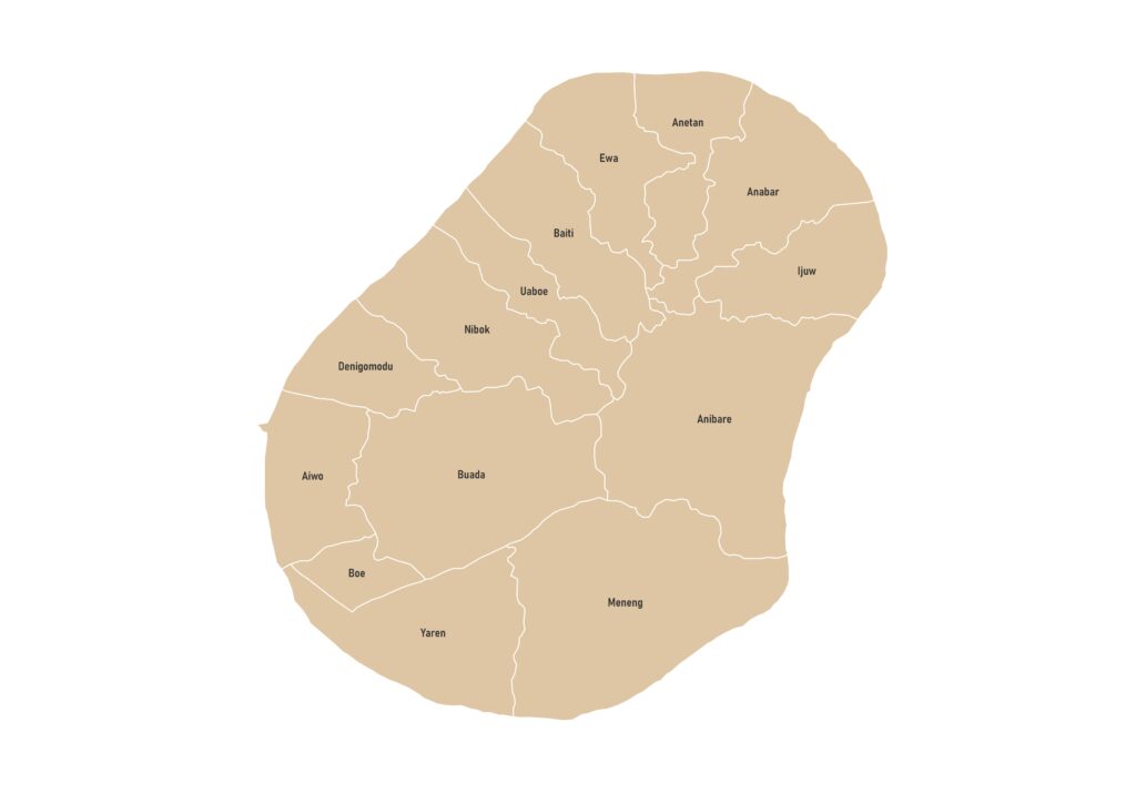 Labeled map of Nauru showing the 14 districts