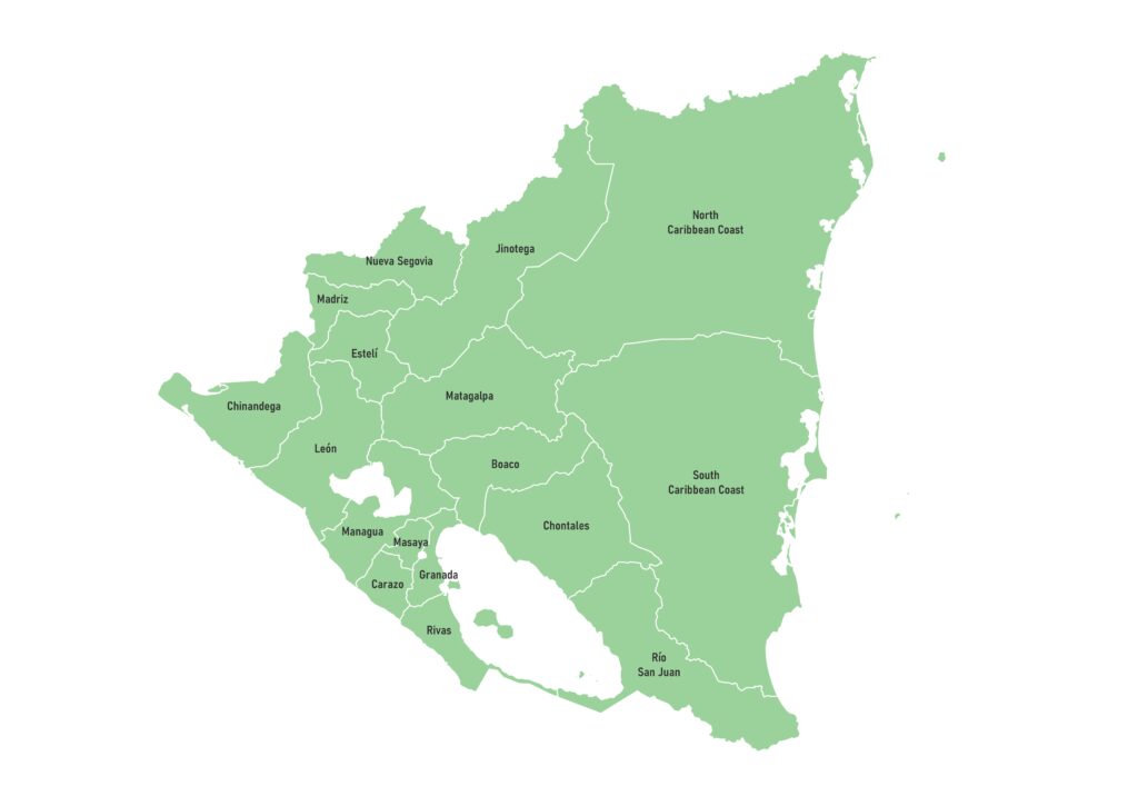 Labeled map of Nicaragua showing departments(departamentos) and two autonomous regions
