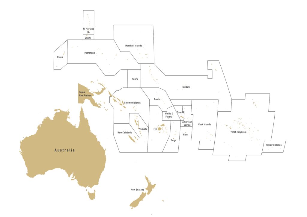 Labeled map of Oceania showing Australia and the island groups of the pacific
