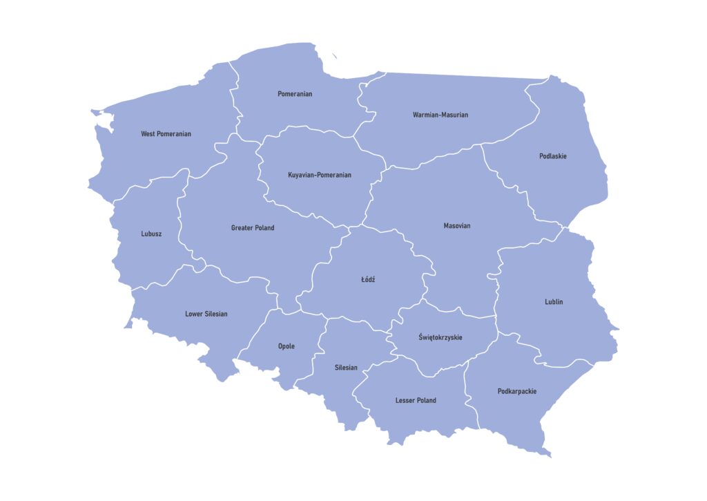 Labeled map of Poland showing Provinces / Voivodeships