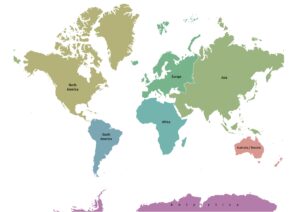 Labeled map of the world showing the 7 continents: North America, South America, Africa, Europe, Asia, Australia/Oceania, & Antarctica