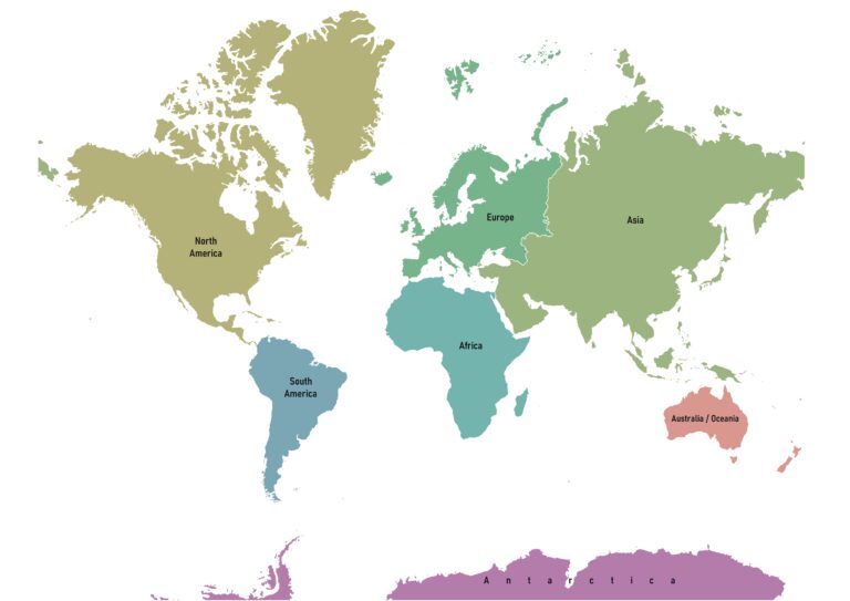 Labeled map of the world showing the 7 continents: North America, South America, Africa, Europe, Asia, Australia/Oceania, & Antarctica