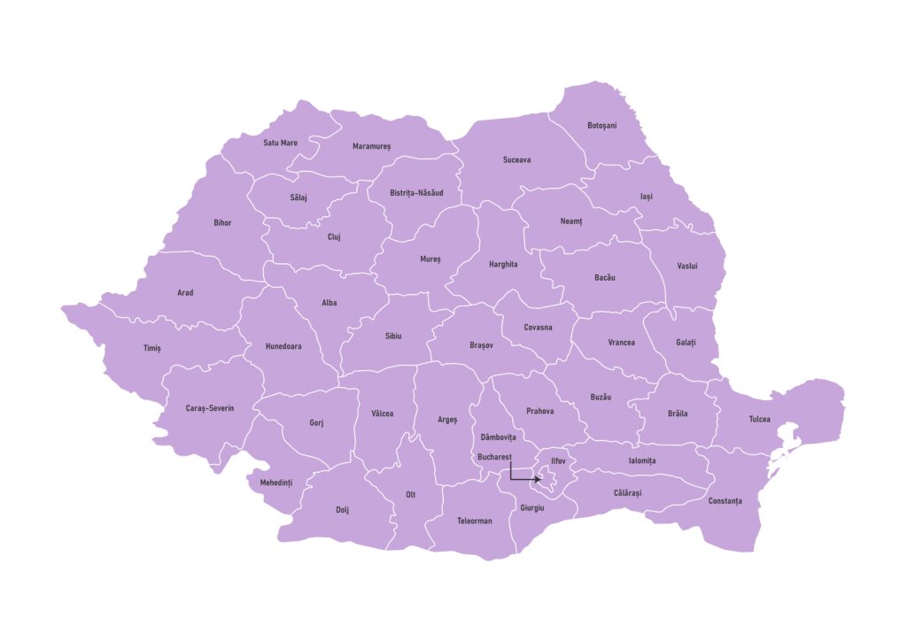 Labeled map of Romania showing Counties / Județe along with the Municipality of Bucharest