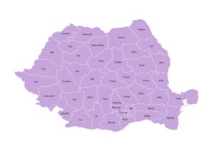 Labeled map of Romania showing Counties / Județe along with the Municipality of Bucharest