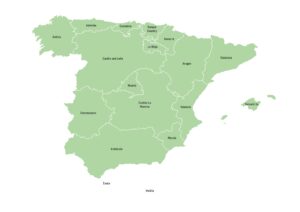 Labeled map of Spain showing autonomous communities and the autonomous cities of Ceuta and Melilla