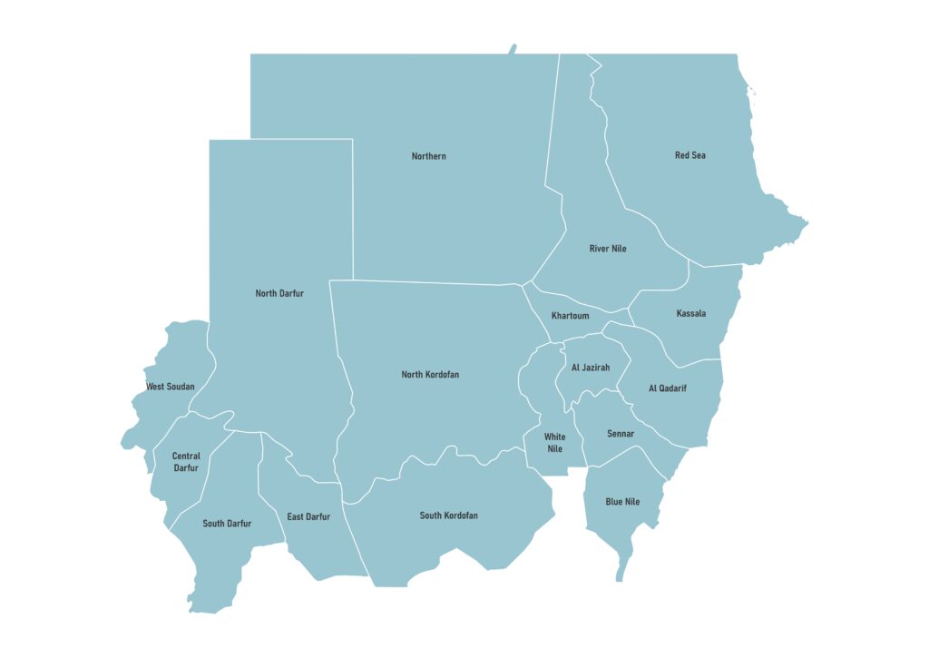 Labeled map of Sudan showing states / wilayat and regions
