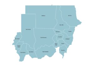 Labeled map of Sudan showing states / wilayat and regions