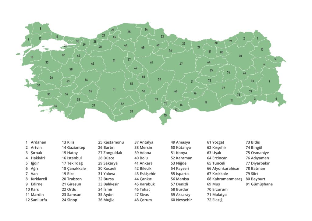 Labeled map of Turkey showing provinces