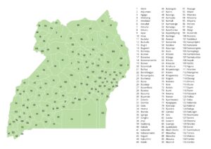 Labeled map of Uganda showing districts along with the capital city, Kampala