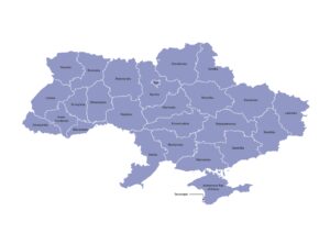 Labeled map of Ukraine showing Oblasts along with Crimea, Kyiv, and Sevastopol